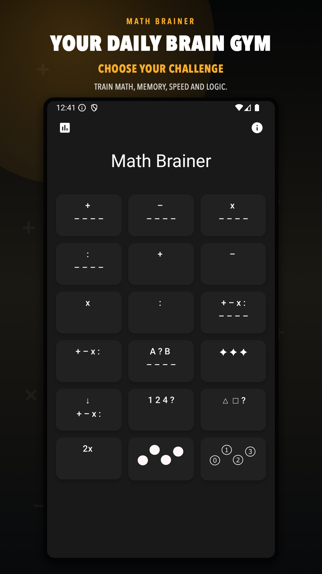 MathBrainer home screen with challenge game modes